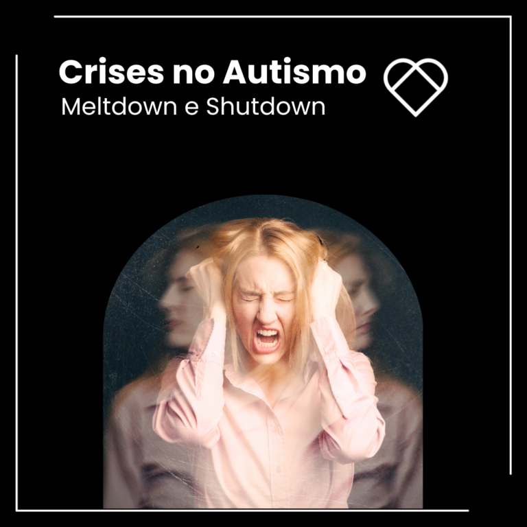 Arte com fundo preto com o texto Crises no Autismo: Shutdown e Meltdown com uma imagem sem fundo de uma mulher branca de cabelo loiro se movendo angustiada